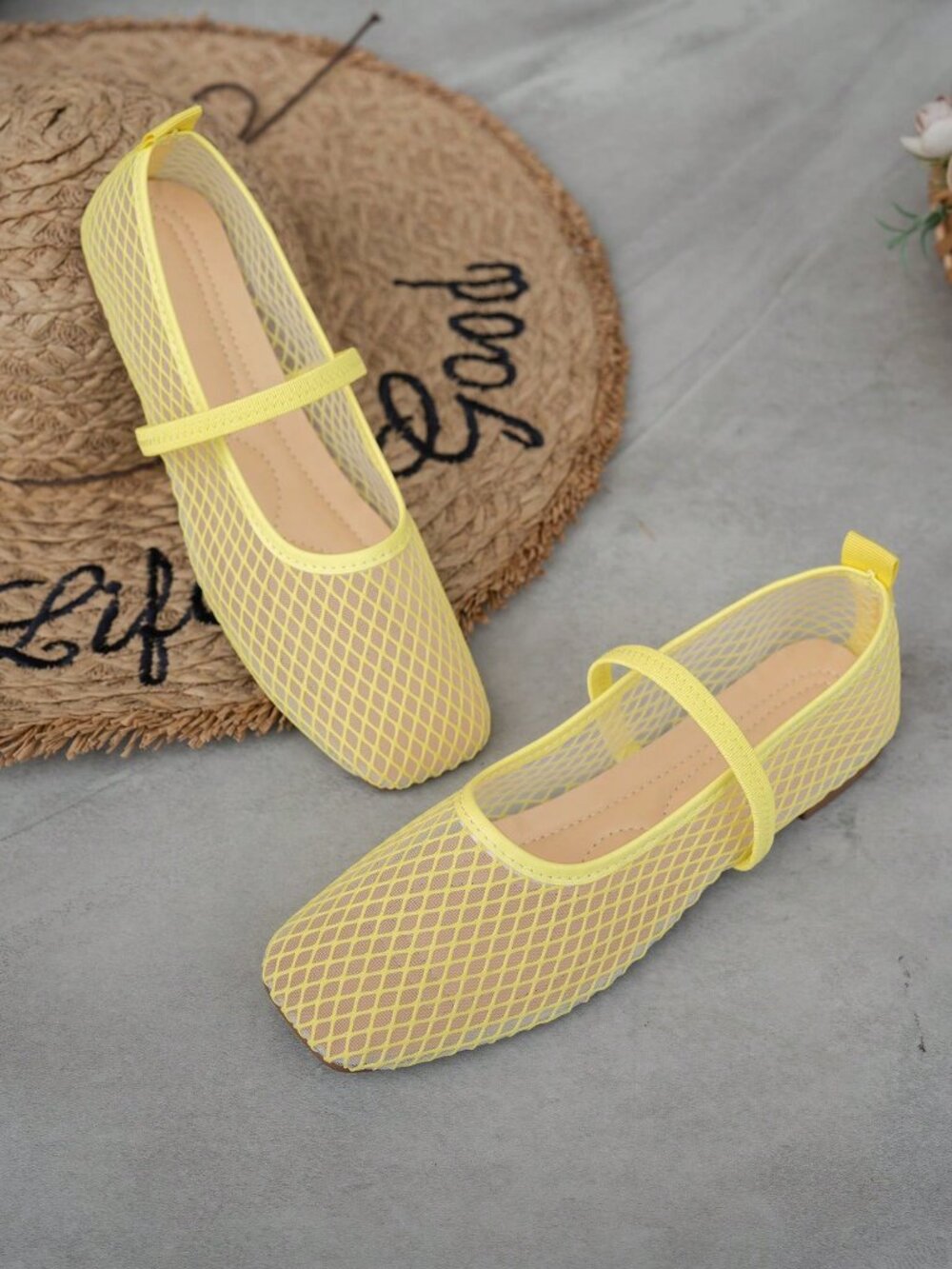 Lemon Yellow Casual Women's Hollow Mesh Flat Slip-On Ballet Shoes - Picture 5 of 6